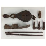 Rusted Iron Farm Tools, Pulley, Pincers