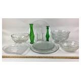 Glass Serving Bowls, Plates, Green Vase
