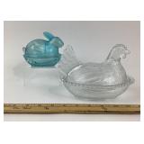 Glass Hen Covered Dish, Blue Glass Rabbit Dish