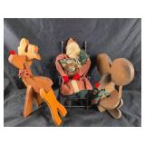 Wooden Reindeer, Mouse, Santa Figure
