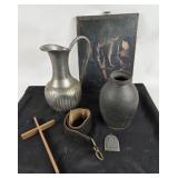 Metal Pitcher, Black Vase, Wall Plaque, Cross, Bel