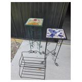 2 Metal Plant Stands With Mosaic Tops & Shelf
