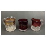 Ruby Glass EAPG creamers, Etched Tumblers