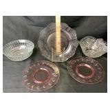Etched Pink Glass Plates & Clear Candy Bowls