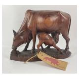 Hand Carved Wood Cow And Calf Sculpture