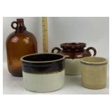 Stoneware Crocks And Amber Glass Jug