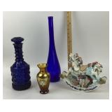 Blue Glass Vases, Porcelain Rocking Horse, Gold Va