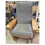 Glider Rocker Wood Arms & Grey Upholstered Seat &