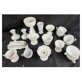 White Milk Glass Bowls, Candlesticks, Cups, Dishes
