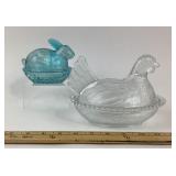 Glass Hen Covered Dish, Blue Glass Rabbit Dish