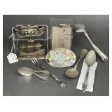 Silver Plated Spoons, Belt Buckle, Flask Holder