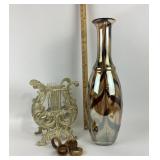 Art Glass Vase, Cast Metal Lyre Stand, Wood Napkin