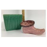 MCM Green Ceramic Planter, Pink Pixie Boot Figurin