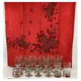 Holiday Glassware With Holly Motif, Red Tablecloth