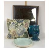 Framed Mirror, Floral Pillow, Mosaic Vase
