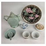 Chinese Teapot, Porcelain Cups, Decorative Plate