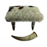 Hair-On-Hide Stool With Horn Legs And Powder Horn