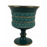 Green MCM Ceramic Pedestal Vase with Gold Trim