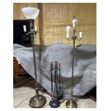 2 floor lamps, fireplace tool set