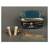 Gold Tone Cuff Links, Tie Clip, Jewelry Box