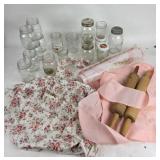 Glass Jars, Wooden Rolling Pins, Textiles
