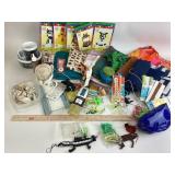 Fabric pieces, Shells, Cheerios mug and bowl