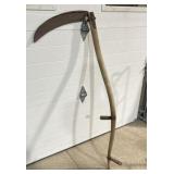 Large rustic wood scythe