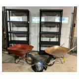 2 Wheelbarrows, 2 Large Plastic Shelves, & Bird