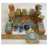Wooden Toy Blocks & Glass Marbles
