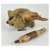 Carved Burl Wood Sawfish, Wood Bird Whistle