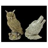 Resin Owl, Ceramic Wolf Sculptures