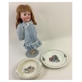 German Bisque Doll, Wedgwood Peter Rabbit Plates