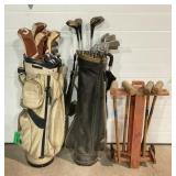 2 bags golf clubs, croquet mallets, stand