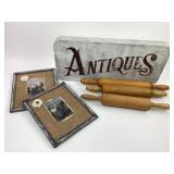 Antiques Sign, Burlap Frames, Wood Rolling Pins