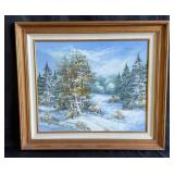 Signed Winter wooded landscape painting