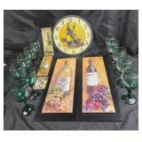 Wine-Themed Decor With Clock, Prints, Green Glasse