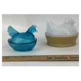 Avon Milk Glass Hen Dish, Blue Glass Hen Dish