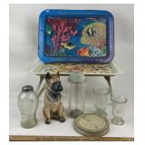 Metal Trays, Glassware, Dog Figurine