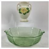 Hull Pottery Vase, Green Depression Glass Bowl