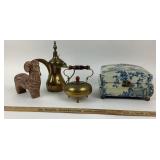 Brass Kettle, Ewer, Ceramic Ram, Decorative Box