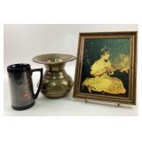 Framed Girl Painting, Brass Spittoon, Michelob Mug