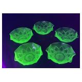 Green Depression Glass Berry Bowls with Floral Pat