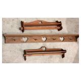 3 wood coat racks heart design