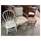 3 chairs: wood, upholstered, wicker