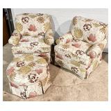 2 floral upholstery armchairs, ottoman
