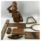 Carved Wooden Woman Bust With Wooden Plane, Boxes