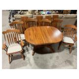 Wood dining table, 4 leaves, 6 chairs