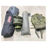 Coleman Tent, camp shower, backpack