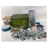 Tins, Glass Pebbles, Timex Watch, Wedgwood Plate
