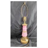Pink Glass Table Lamp With Brass Accents